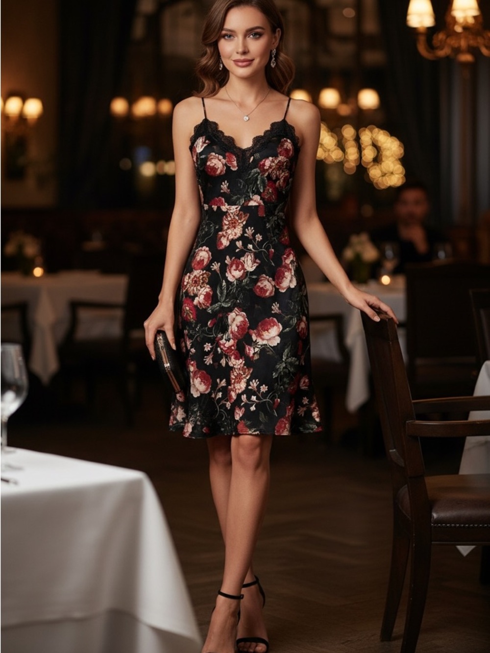 Lace-Trim Black Floral Spaghetti-Strap Mini Dress